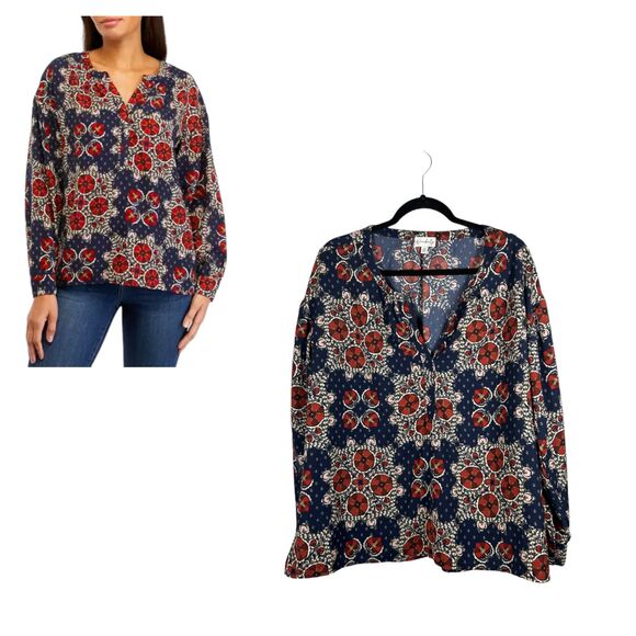 Wonderly Blue Abstract Pattern Placket Long Sleeve Blouse Size 1X - Picture 1 of 7